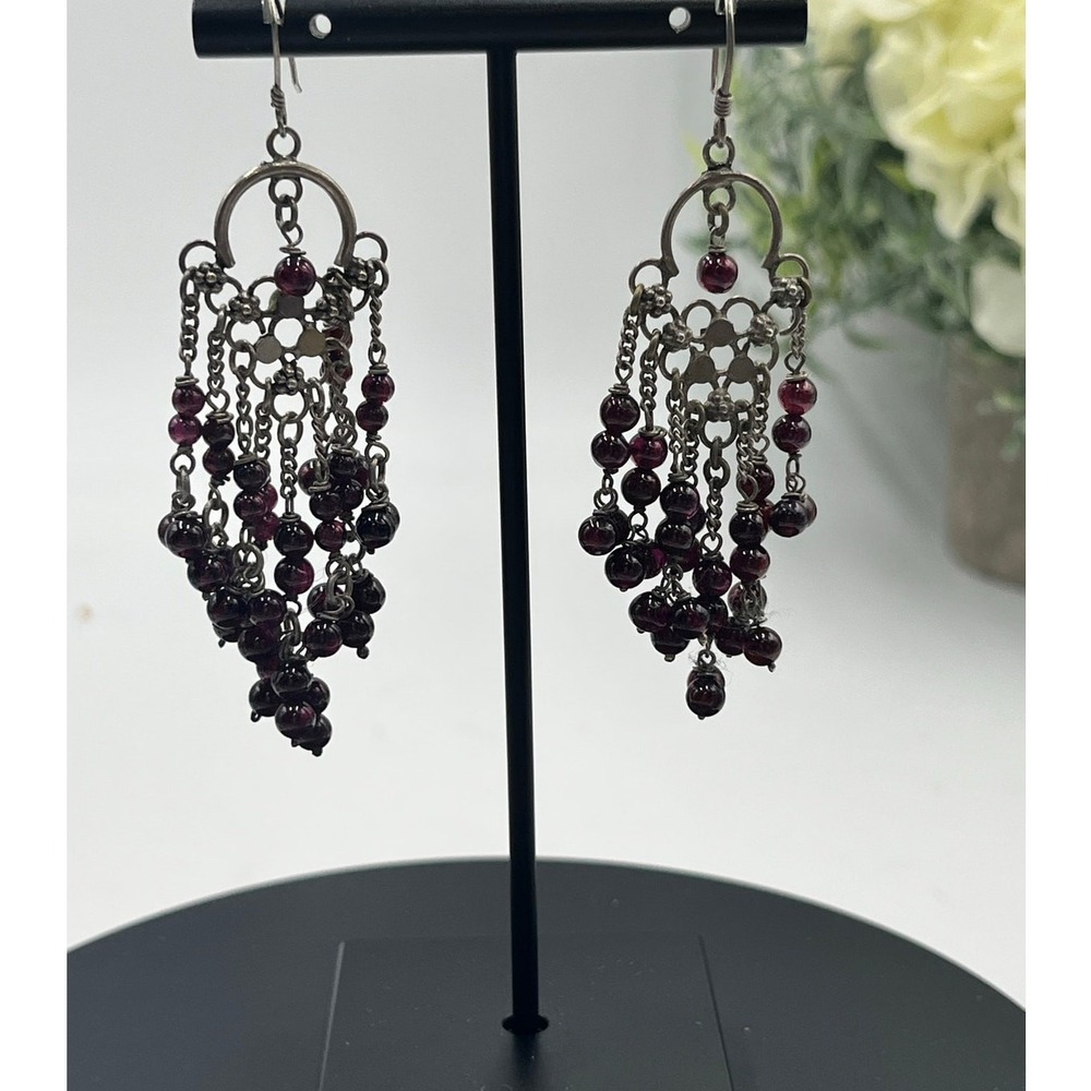 Sterling Silver 925 Garnet Beaded Chandelier Dangle Flowing‎ Earrings January